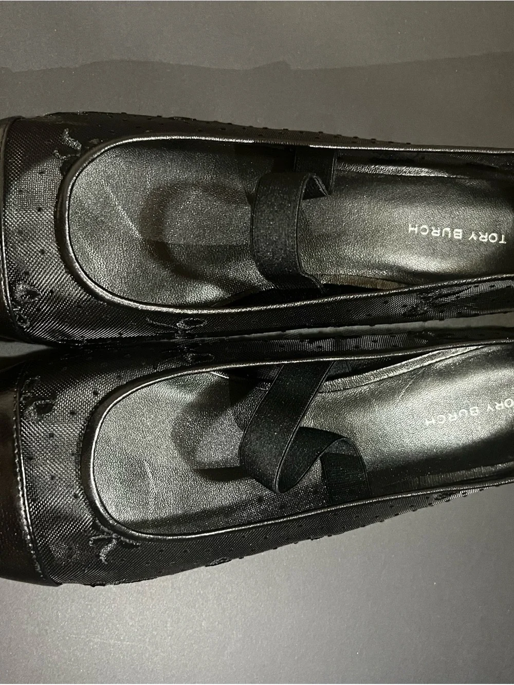 New Tory Burch Black Textured Ballet Flats with Elastic Strap
